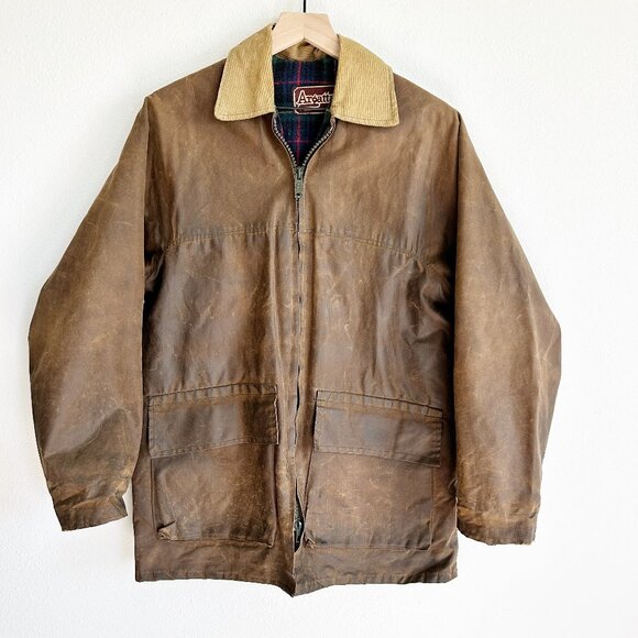 Vtg Argatta Wax Cloth Jacket S Brown Plaid Wool Lined Corduroy Collar Chore - Picture 1 of 16